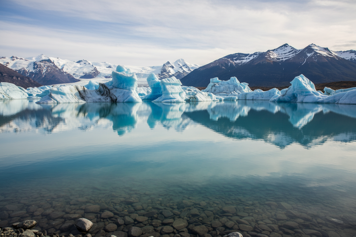 glaciers and ice in the background of a fresh water lake